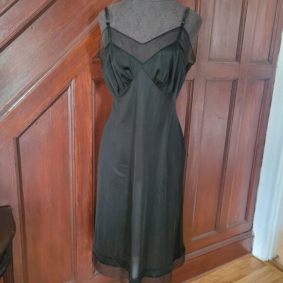 Vintage Black Slip Nightgown With Sheer Mesh Accents & Spaghetti Straps Small - Picture 1 of 5